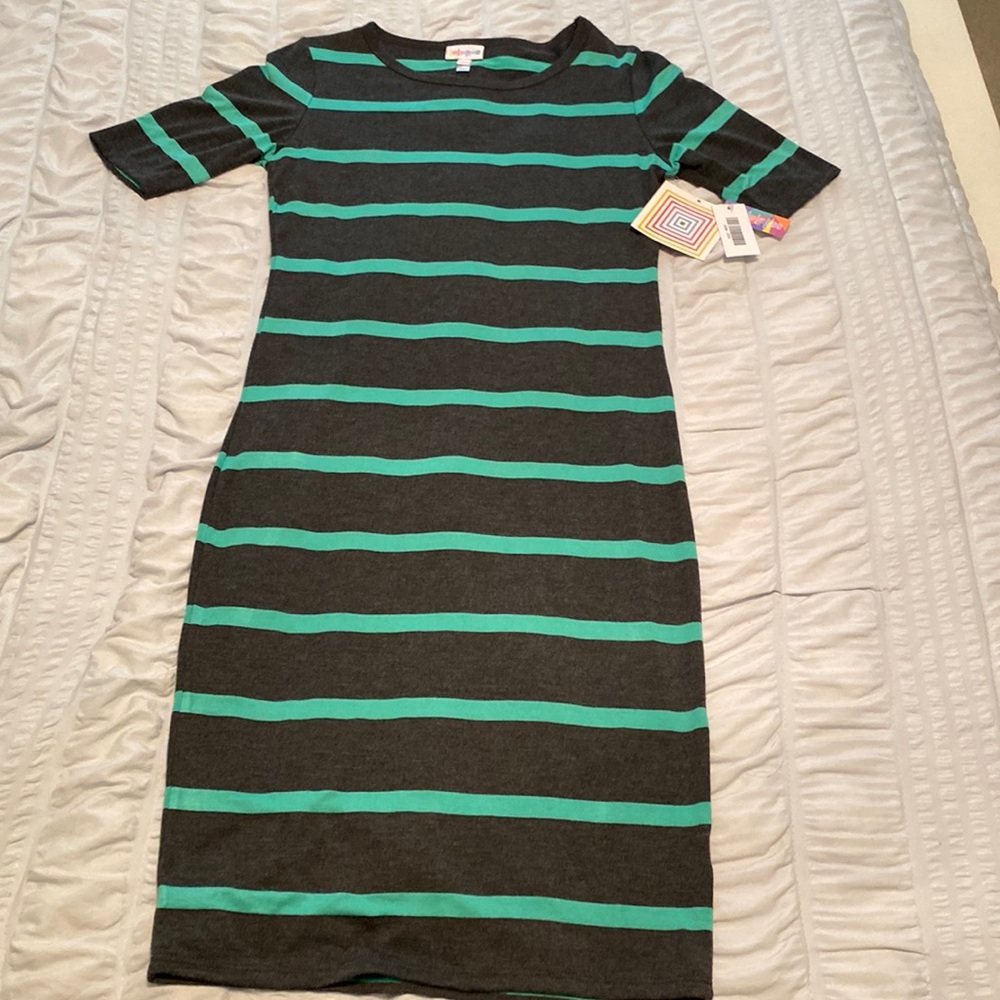 NWT Julia Dress by LuLaRoe / Dark gray with Green Stripes Size XXS